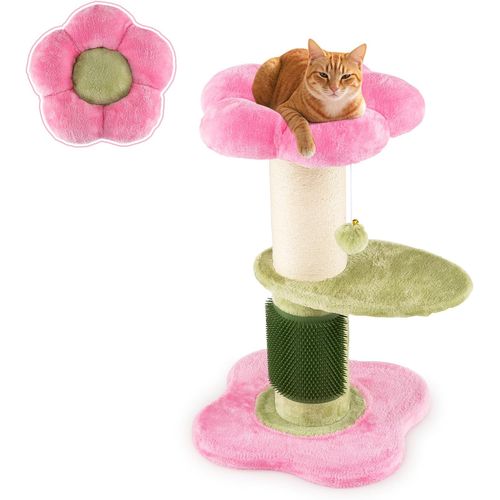 Arbre à Chat Fleur 40x40x69cm, 2 Plateformes, Poteau Sisal, Brosse Toilettage (rose)