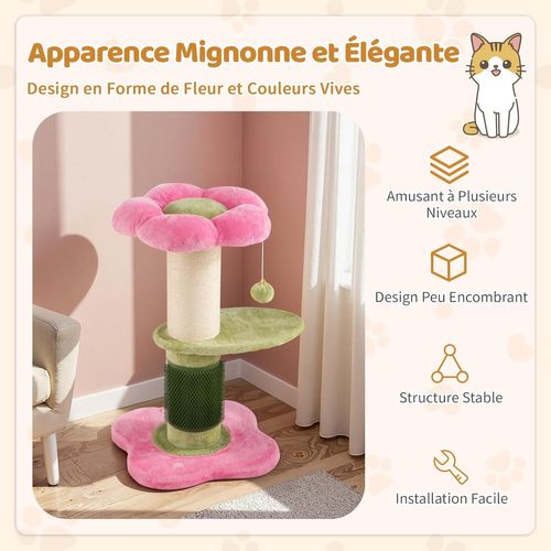 Arbre à Chat Fleur 40x40x69cm, 2 Plateformes, Poteau Sisal, Brosse Toilettage (rose)
