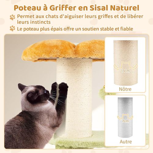 Arbre à Chat Fleur 40x40x69cm, 2 Plateformes, Poteau Sisal, Brosse Toilettage (jaune)