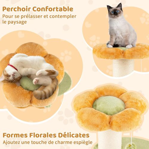 Arbre à Chat Fleur 40x40x69cm, 2 Plateformes, Poteau Sisal, Brosse Toilettage (jaune)