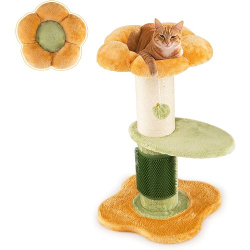 Arbre à Chat Fleur 40x40x69cm, 2 Plateformes, Poteau Sisal, Brosse Toilettage (jaune)