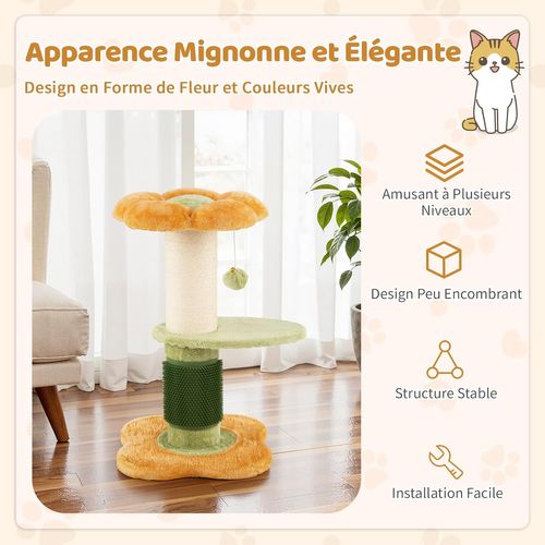 Arbre à Chat Fleur 40x40x69cm, 2 Plateformes, Poteau Sisal, Brosse Toilettage (jaune)