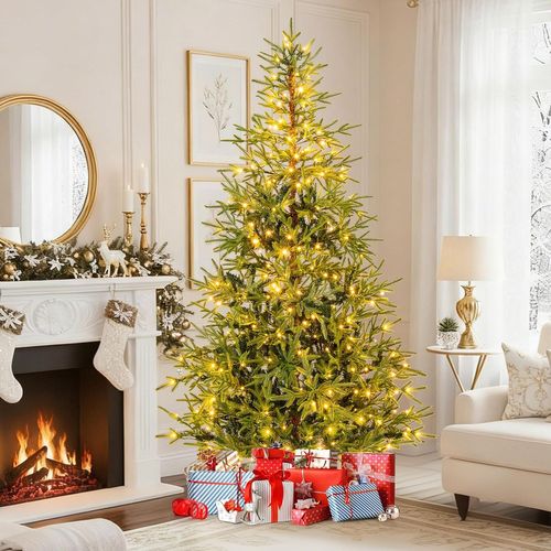 Arbre Noël Artificiel 180cm Pré-éclairé 250 LEDs, 11 Modes, 530 Branches, Pliable (210cm)