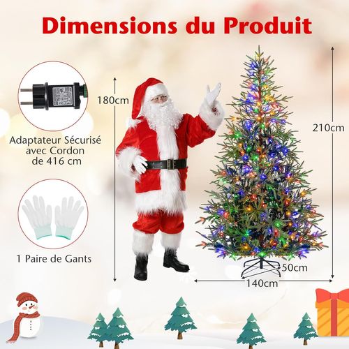 Arbre Noël Artificiel 180cm Pré-éclairé 250 LEDs, 11 Modes, 530 Branches, Pliable (210cm)