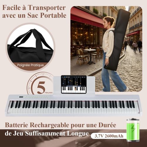 Piano Numérique 88 Touches Avec Pupitre, Haut-parleurs et Fonction Midi, 128 Rythmes (blanc)