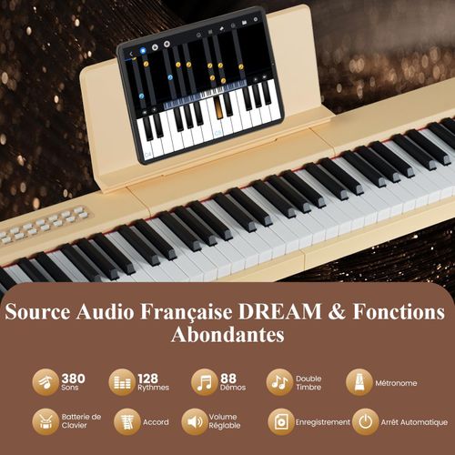Piano Numérique 88 Touches Avec Pupitre, Haut-parleurs et Fonction Midi, 128 Rythmes (beige)