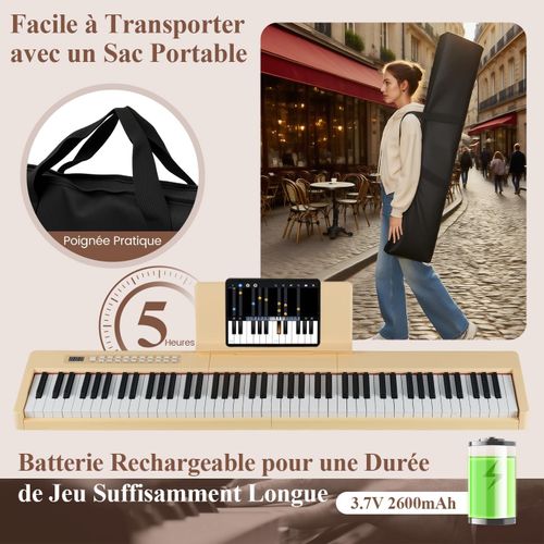 Piano Numérique 88 Touches Avec Pupitre, Haut-parleurs et Fonction Midi, 128 Rythmes (beige)