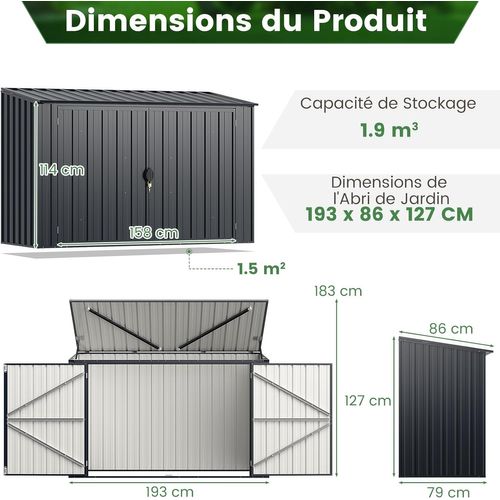 Abri De Jardin En Métal Galvanisé 1,9 M³, Double Porte Verrouillable, Couvercle Rabattable