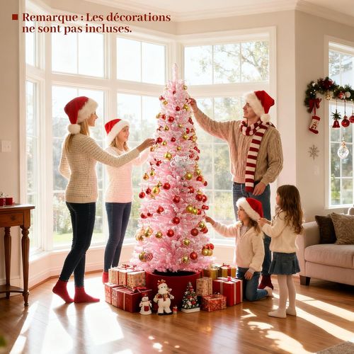 Sapin Noël Rose 180cm Floqué Neige, 460 Branches, Support Métal Pliable, Forme Crayon