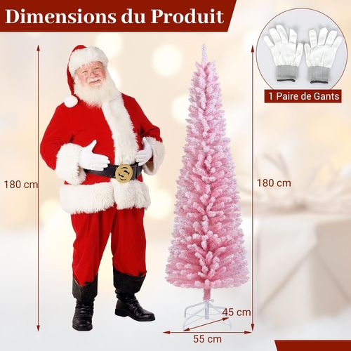 Sapin Noël Rose 180cm Floqué Neige, 460 Branches, Support Métal Pliable, Forme Crayon