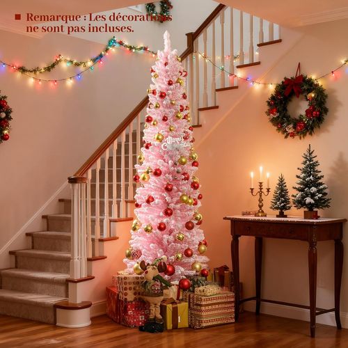 Sapin Noël Rose 180cm Floqué Neige, 460 Branches, Support Métal Pliable, Forme Crayon