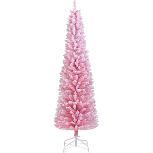 Sapin Noël Rose 180cm Floqué Neige, 460 Branches, Support Métal Pliable, Forme Crayon