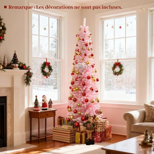Sapin Noël Rose 180cm Floqué Neige, 460 Branches, Support Métal Pliable, Forme Crayon