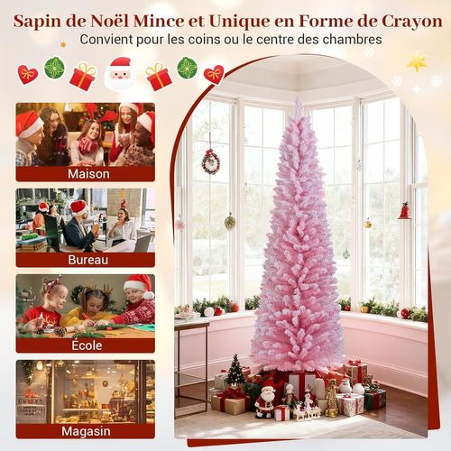 Sapin Noël Rose 180cm Floqué Neige, 460 Branches, Support Métal Pliable, Forme Crayon