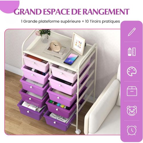 Chariot De Rangement 10 Tiroirs En Pp, Cadre En Métal (violet Dégradé,m - 10 Tiroirs)