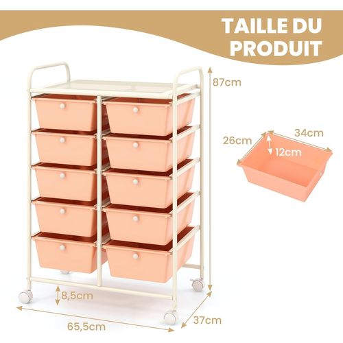Chariot De Rangement 10 Tiroirs En Pp, Cadre En Métal (rose Pêche,m - 10 Tiroirs)