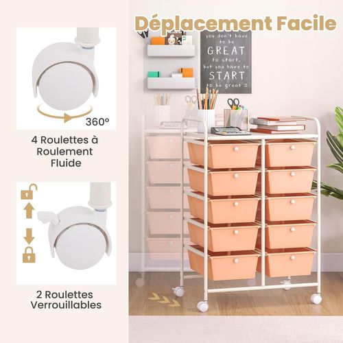 Chariot De Rangement 10 Tiroirs En Pp, Cadre En Métal (rose Pêche,m - 10 Tiroirs)