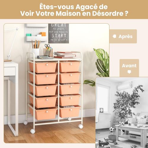 Chariot De Rangement 10 Tiroirs En Pp, Cadre En Métal (rose Pêche,m - 10 Tiroirs)