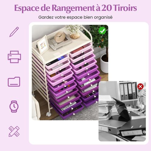 Chariot De Rangement à Roulette 20 Tiroirs En Pp (xl - 20 Tiroirs,violet Dégradé)
