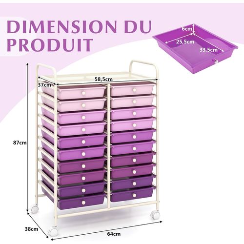 Chariot De Rangement à Roulette 20 Tiroirs En Pp (xl - 20 Tiroirs,violet Dégradé)