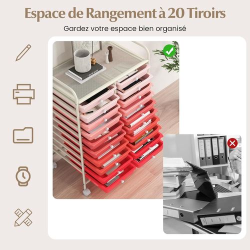 Chariot De Rangement à Roulette 20 Tiroirs En Pp Avec Tablette (xl - 20 Tiroirs,rose+blanc)