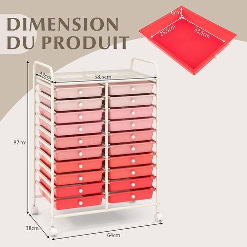 Chariot De Rangement à Roulette 20 Tiroirs En Pp Avec Tablette (xl - 20 Tiroirs,rose+blanc)