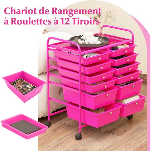 Chariot De Rangement à Roulette 12 Tiroirs En Pp, Cadre En Métal, 64x38x75cm (rose)