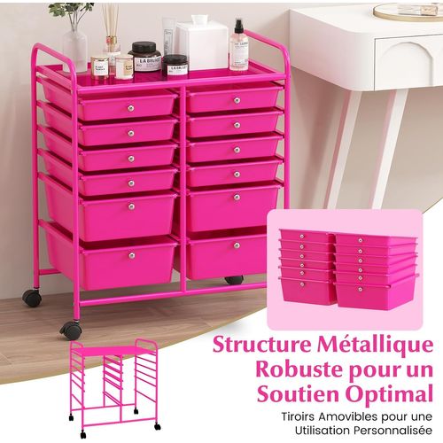 Chariot De Rangement à Roulette 12 Tiroirs En Pp, Cadre En Métal, 64x38x75cm (rose)