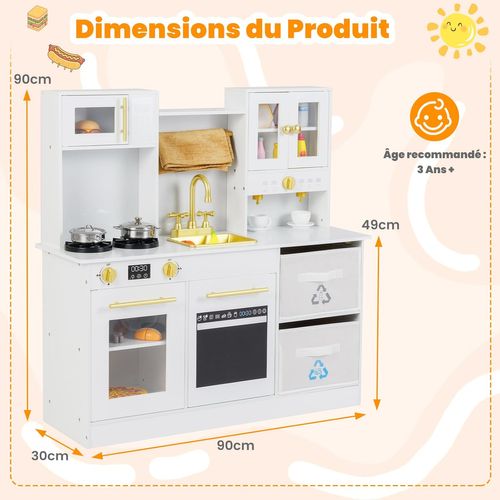 Cuisine Enfant Bois Avec Machine à Café, Sons Et Lumières, Évier, 90 X 30 X 90cm, Blanc