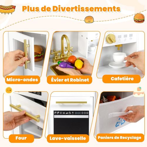 Cuisine Enfant Bois Avec Machine à Café, Sons Et Lumières, Évier, 90 X 30 X 90cm, Blanc