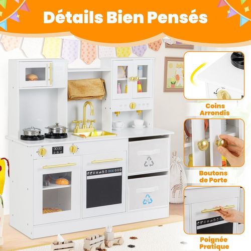 Cuisine Enfant Bois Avec Machine à Café, Sons Et Lumières, Évier, 90 X 30 X 90cm, Blanc