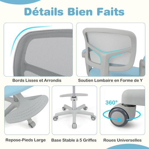 Chaise Bureau Enfant Pivotante Avec Hauteur et Accoudoirs et Repose-pieds Réglables (bleu)