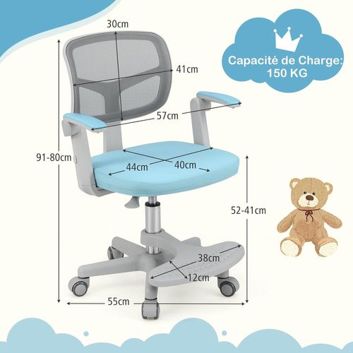 Chaise Bureau Enfant Pivotante Avec Hauteur et Accoudoirs et Repose-pieds Réglables (bleu)