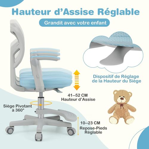 Chaise Bureau Enfant Pivotante Avec Hauteur et Accoudoirs et Repose-pieds Réglables (bleu)
