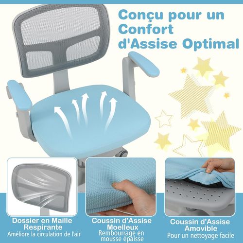 Chaise Bureau Enfant Pivotante Avec Hauteur et Accoudoirs et Repose-pieds Réglables (bleu)