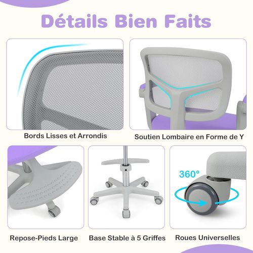 Chaise Bureau Enfant Pivotante Avec Hauteur et Accoudoirs et Repose-pieds Réglables (violet)