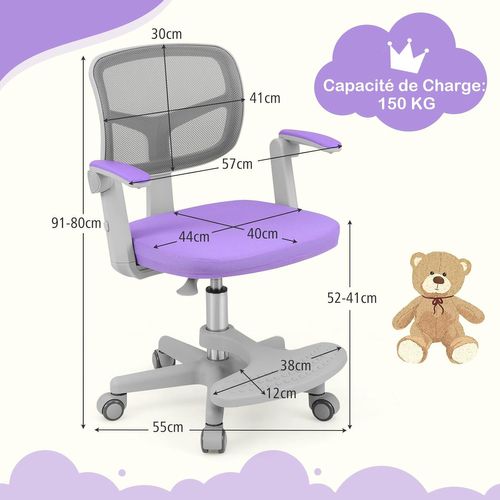 Chaise Bureau Enfant Pivotante Avec Hauteur et Accoudoirs et Repose-pieds Réglables (violet)