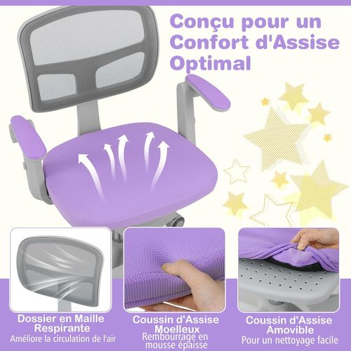 Chaise Bureau Enfant Pivotante Avec Hauteur et Accoudoirs et Repose-pieds Réglables (violet)