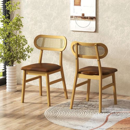 Chaise Salle à Manger Lot De 2, Bois D'hévéa, Dossier Rotin Cannage, Siège Rembourré (brun)