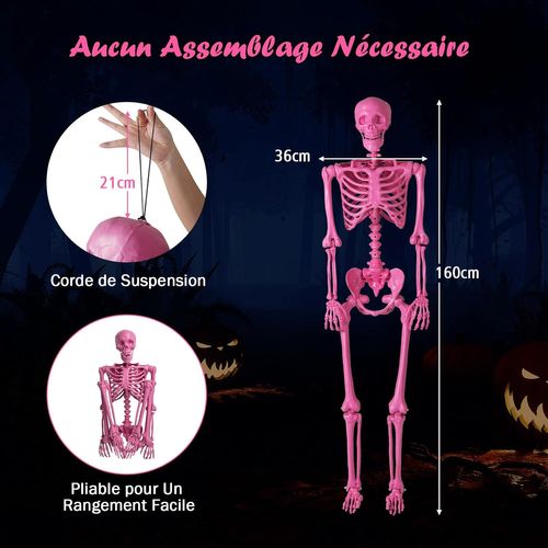 Squelette D'halloween Articulé De 160 Cm, Articulations Mobiles, Corde Suspendue, Rose