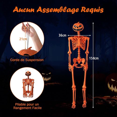 Squelette Halloween Orange Avec Tête De Citrouille, 158 Cm Avec Articulations Mobiles