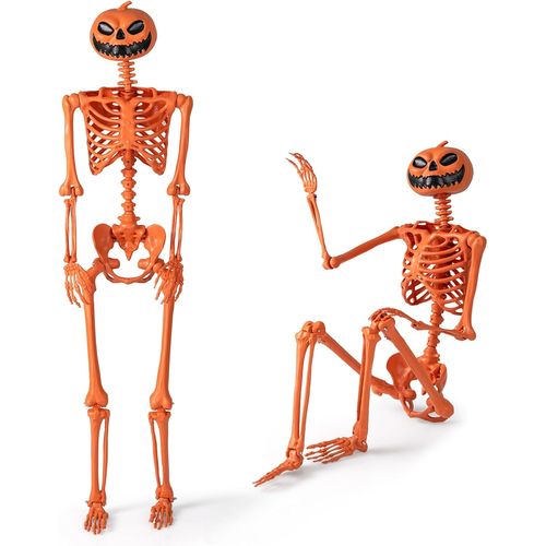 Squelette Halloween Orange Avec Tête De Citrouille, 158 Cm Avec Articulations Mobiles