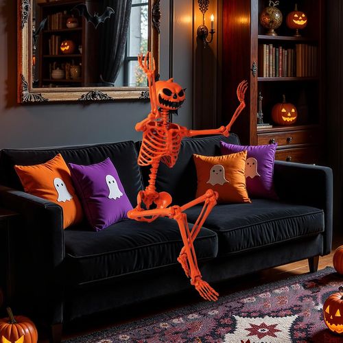Squelette Halloween Orange Avec Tête De Citrouille, 158 Cm Avec Articulations Mobiles