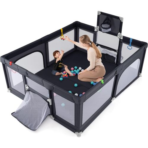 Parc Bébé 157x100cm Avec 50 Balles, Panier Basket Et But Football, 0-3 Ans ,gris Foncé