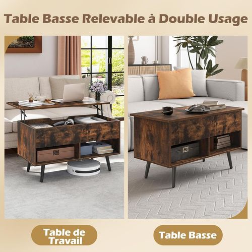 Table Basse Relevable Avec Rangement Caché, Levage Pneumatique (marron Rustique)