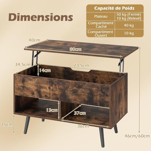 Table Basse Relevable Avec Rangement Caché, Levage Pneumatique (marron Rustique)