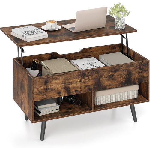 Table Basse Relevable Avec Rangement Caché, Levage Pneumatique (marron Rustique)