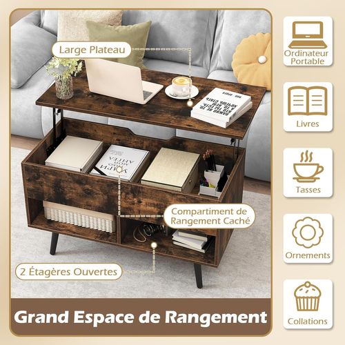 Table Basse Relevable Avec Rangement Caché, Levage Pneumatique (marron Rustique)