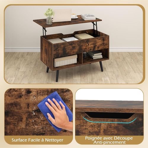 Table Basse Relevable Avec Rangement Caché, Levage Pneumatique (marron Rustique)