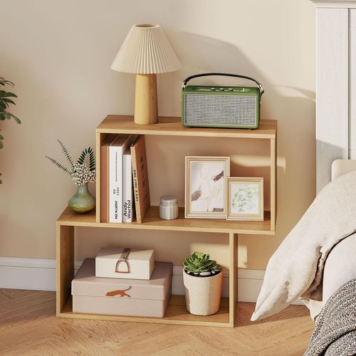 Bibliothèque Géométrique à 3 Niveaux En Bois, 2 Compartiments Cubiques (naturel)